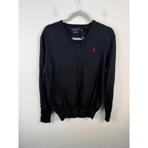 (NWOT) Polo Ralph Lauren Sweater‎ Black V-Neck 100% Pima Cotton Red Pony Logo M